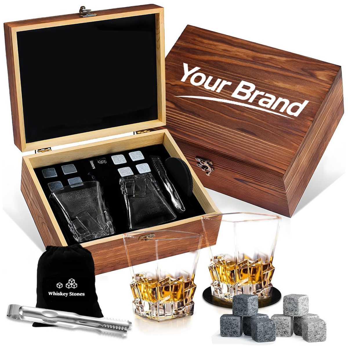 2-Person Whiskey Gift Set w/Glasses & Stones & Felt Coasters