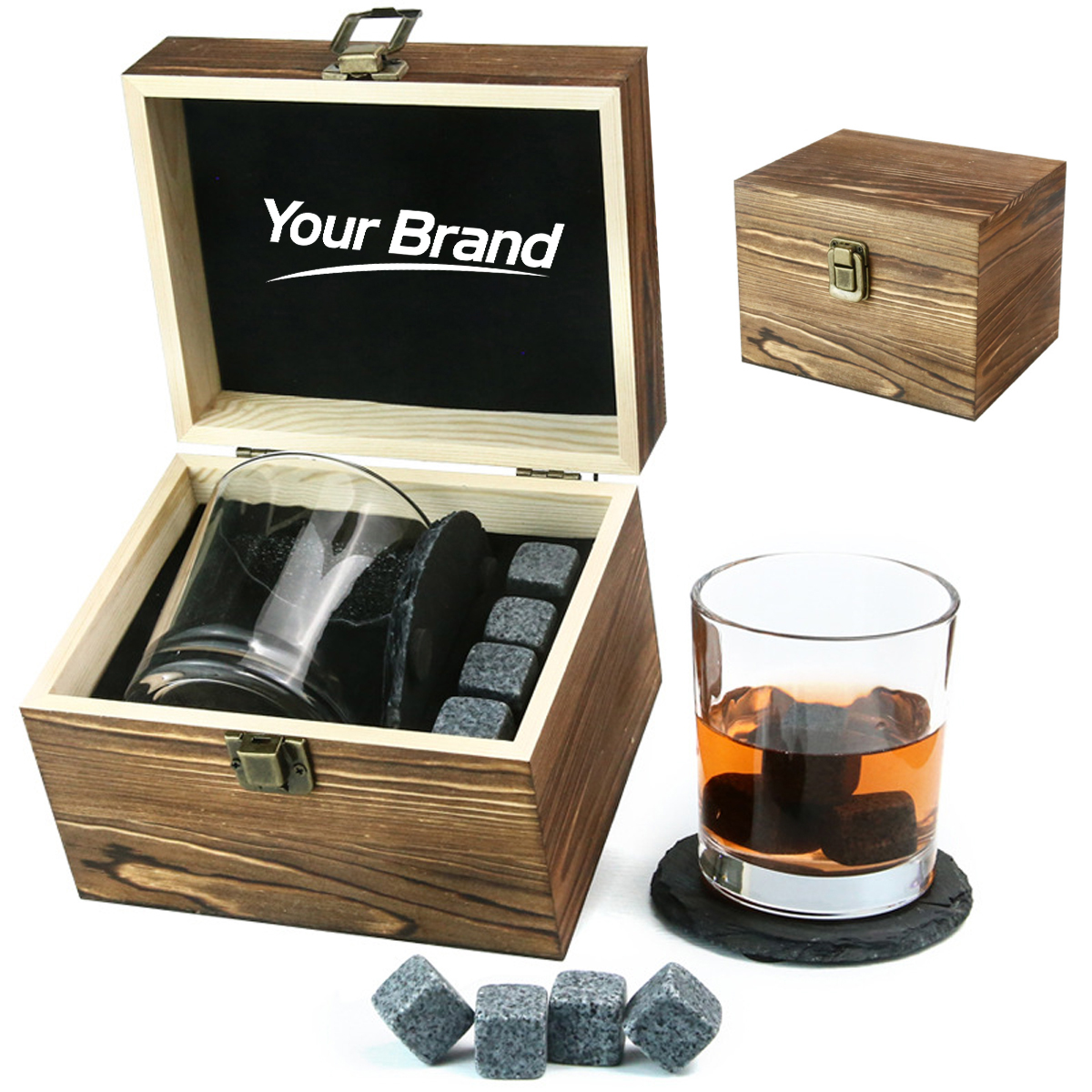 Premium Single Whiskey Glass & Stone Gift Set w/Slate Coaste