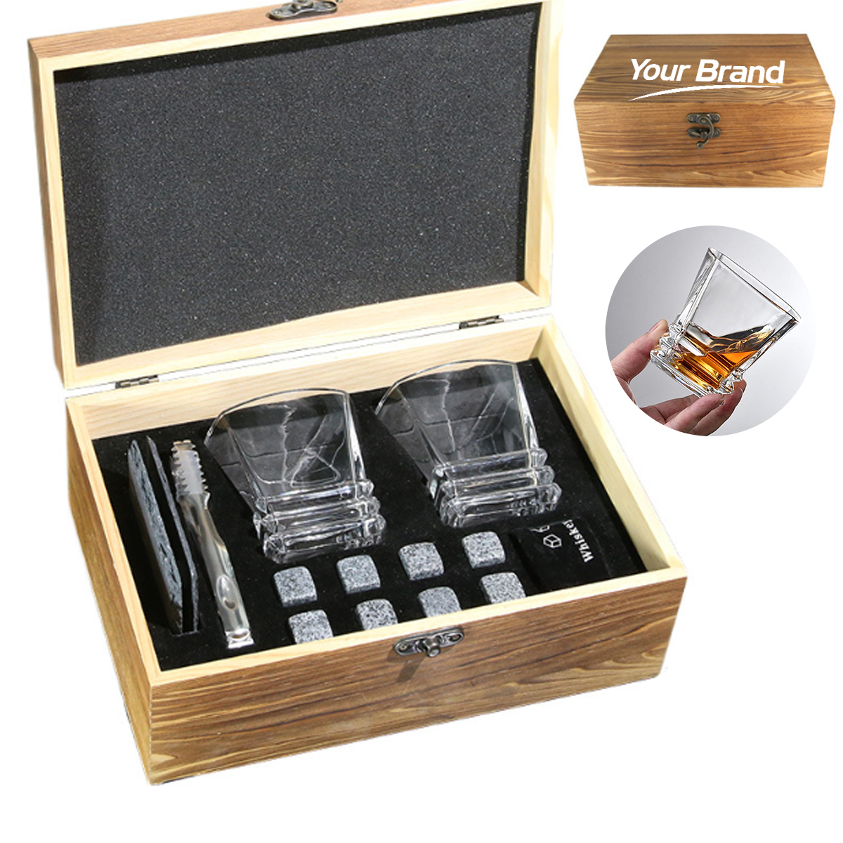 Whiskey Gift Set: Tiered Crystal Glasses & Stones & Coasters