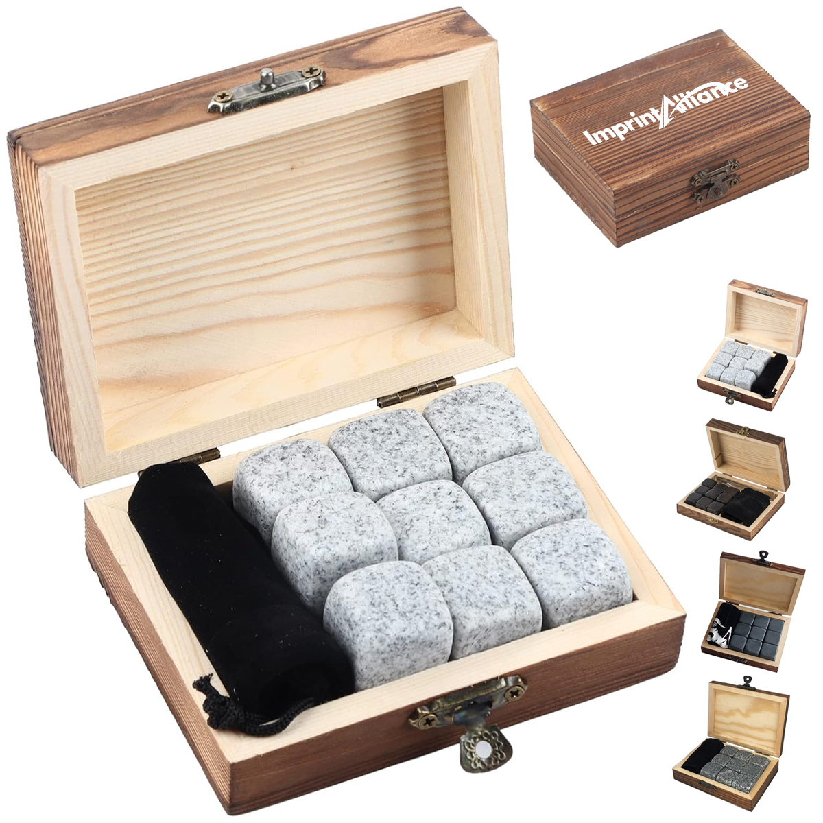 9-Piece Natural Granite Whiskey Stone Set with Velvet Pouch