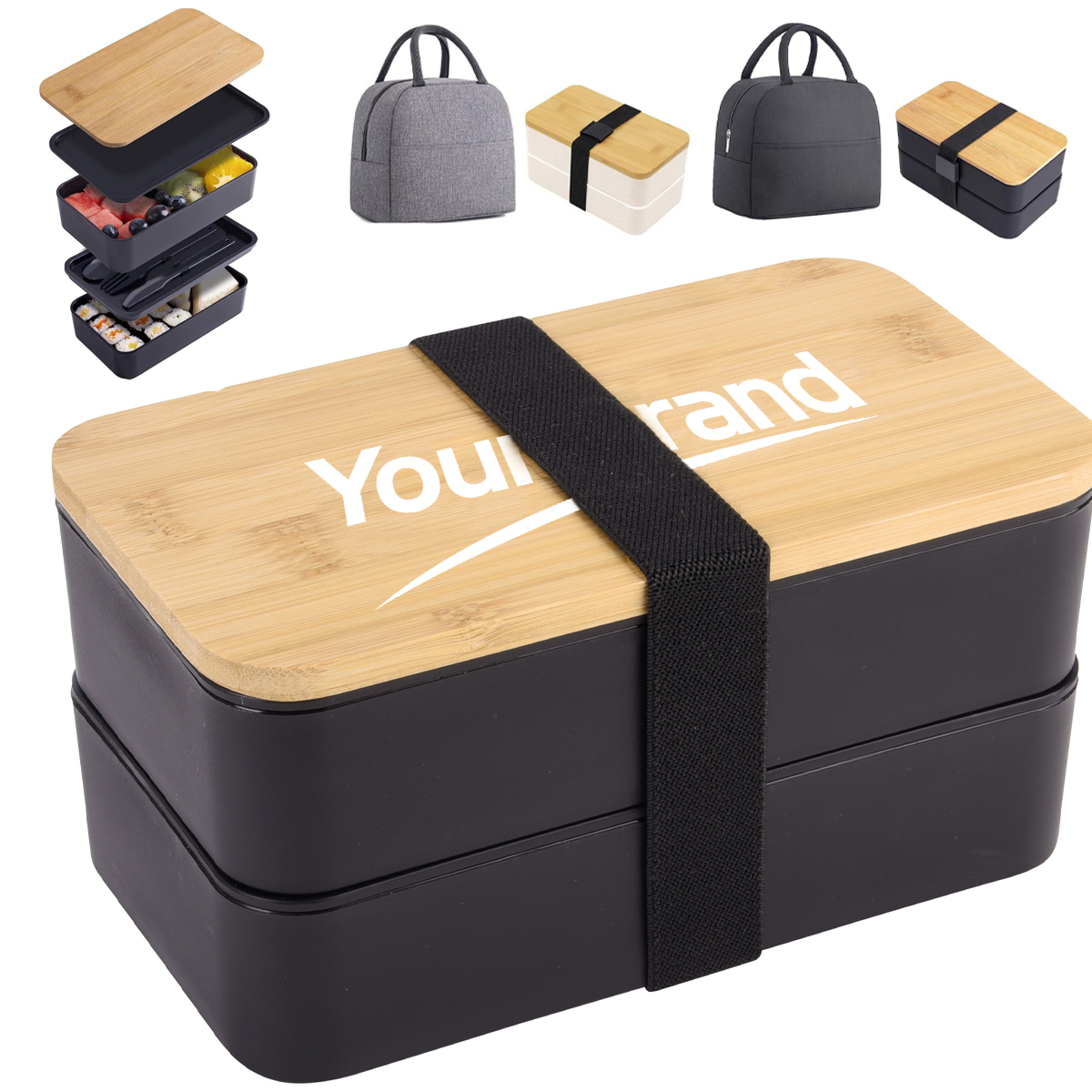 Stackable Bamboo Top Bento Lunch Box With Insulated Bag Set