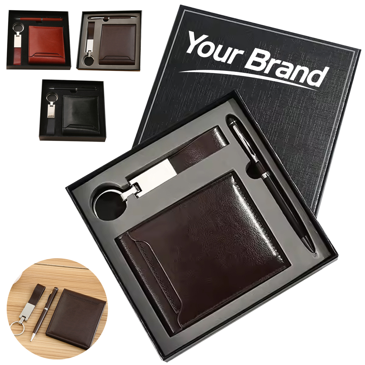 Executive PU Leather Wallet Pen Keychain Business Gift Set