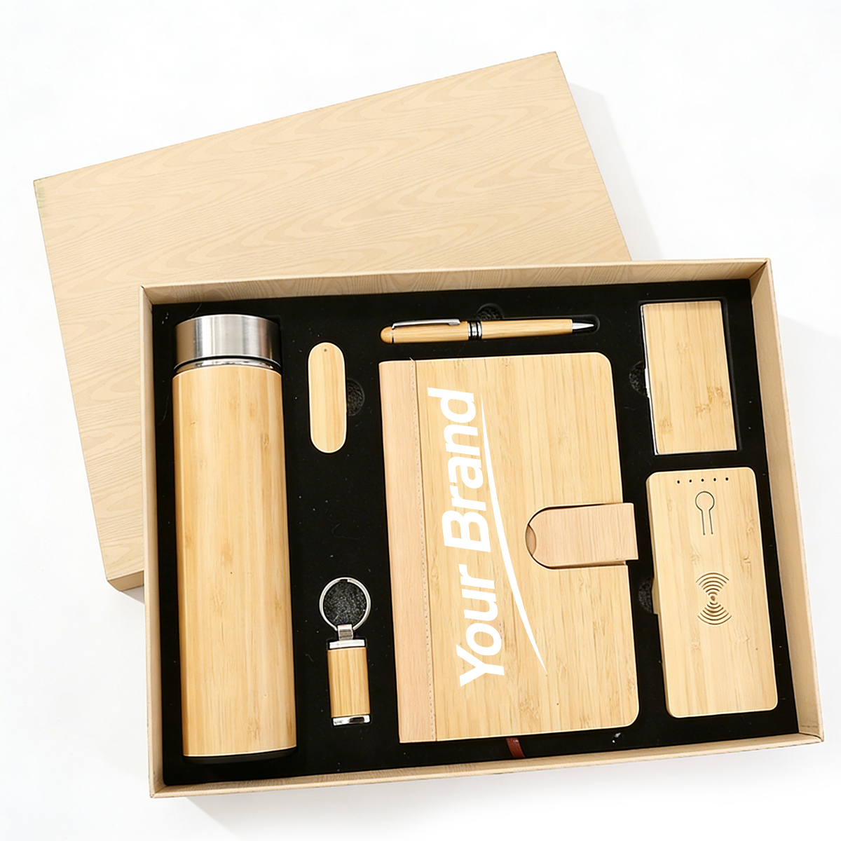 Sustainable Bamboo 8-Piece Power Bank Notebook Gift Set