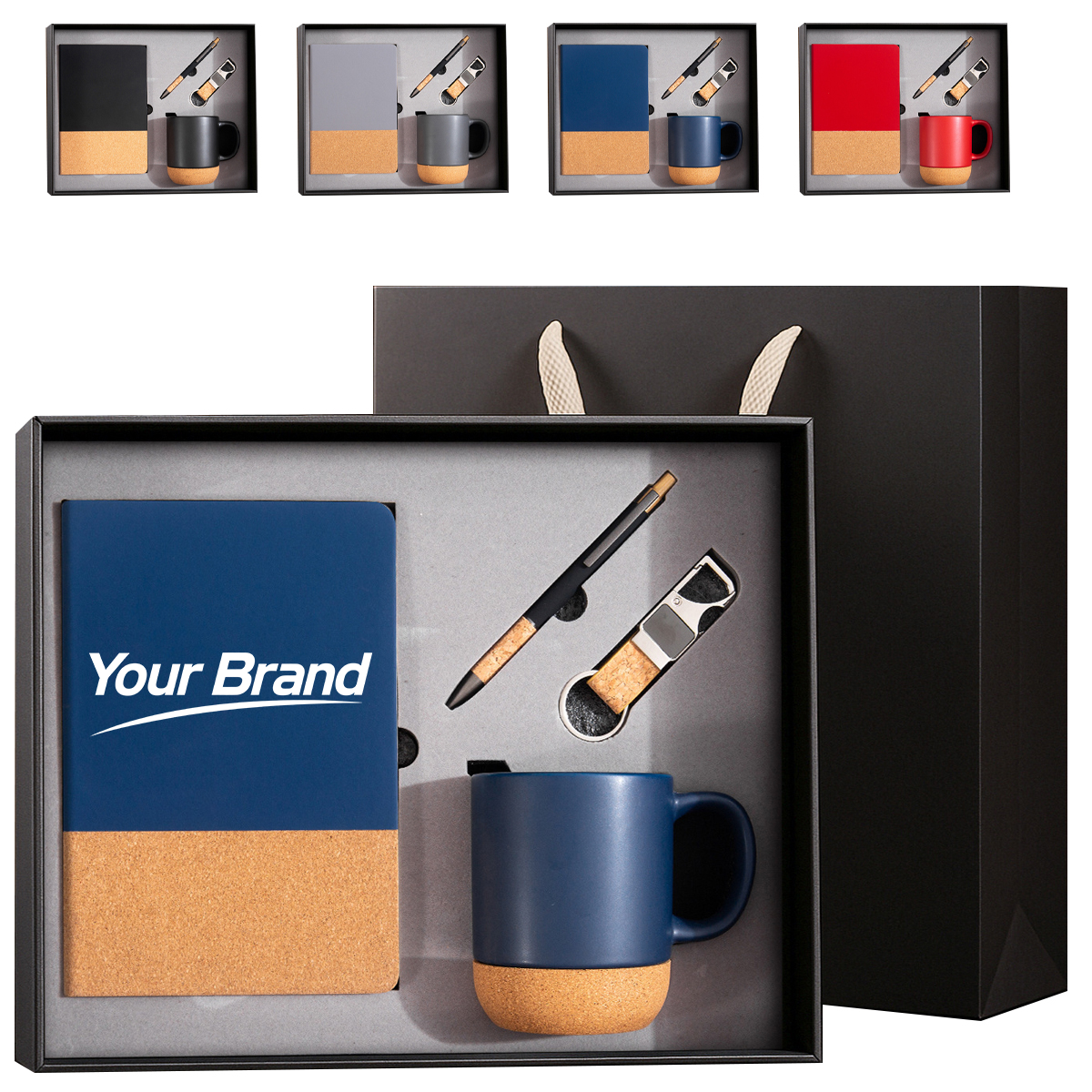 Modern Black And Cork 4-Piece Coffee Mug Notebook Gift Set