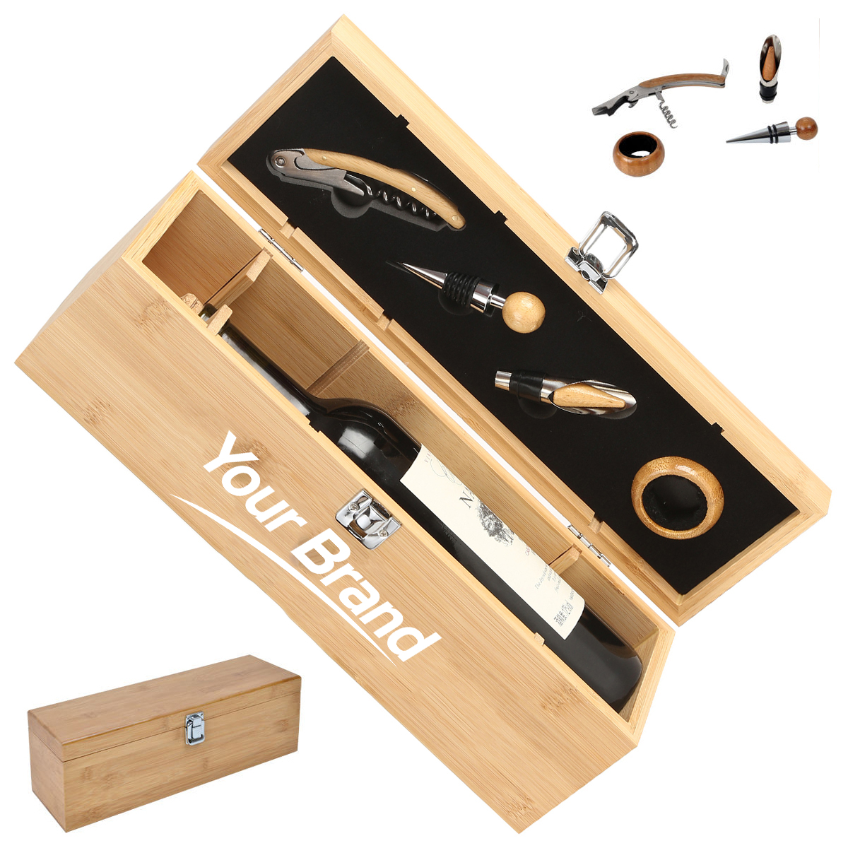 Bamboo Wine Bottle Carrier Case With 4-Piece Accessory Set