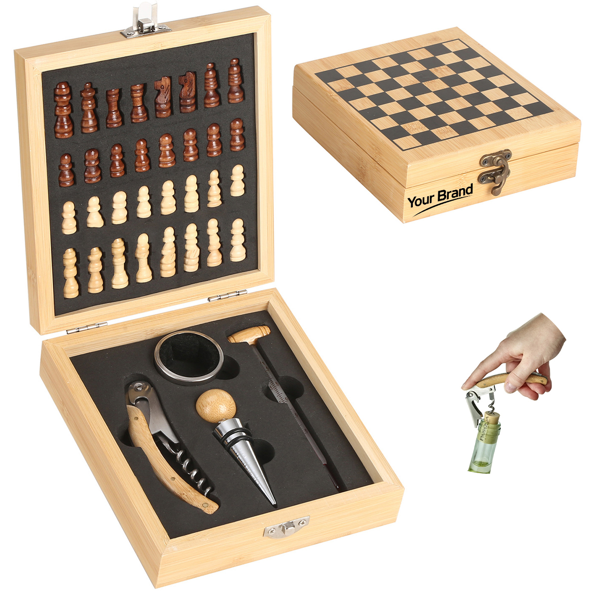 Premium Bamboo Chess Game & 4-Piece Wine Accessory Gift Set