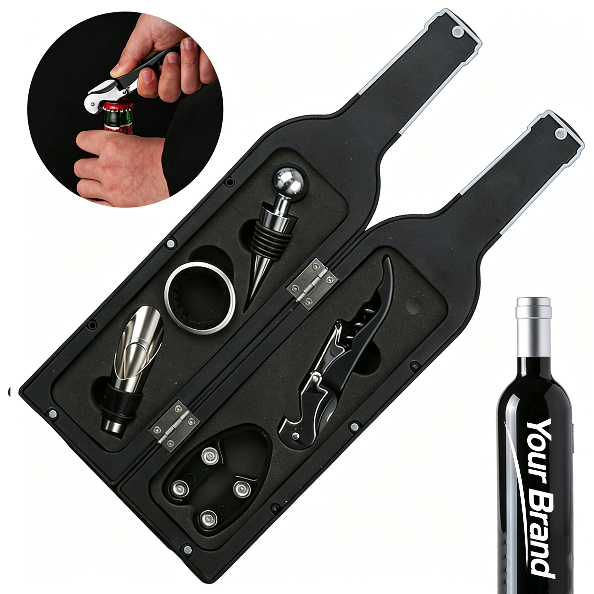 Glossy Wine Bottle Shaped 5-Piece Bar Tool Gift Set W/ Neck