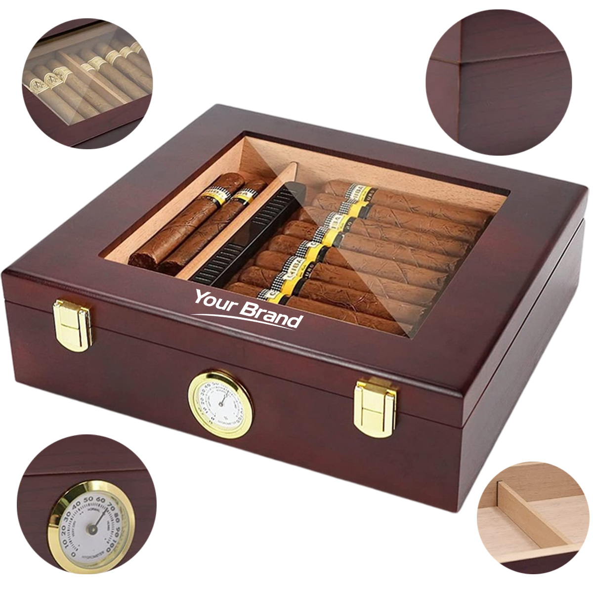 Wooden Cigar Humidor Box with Hygrometer Humidifier Storage
