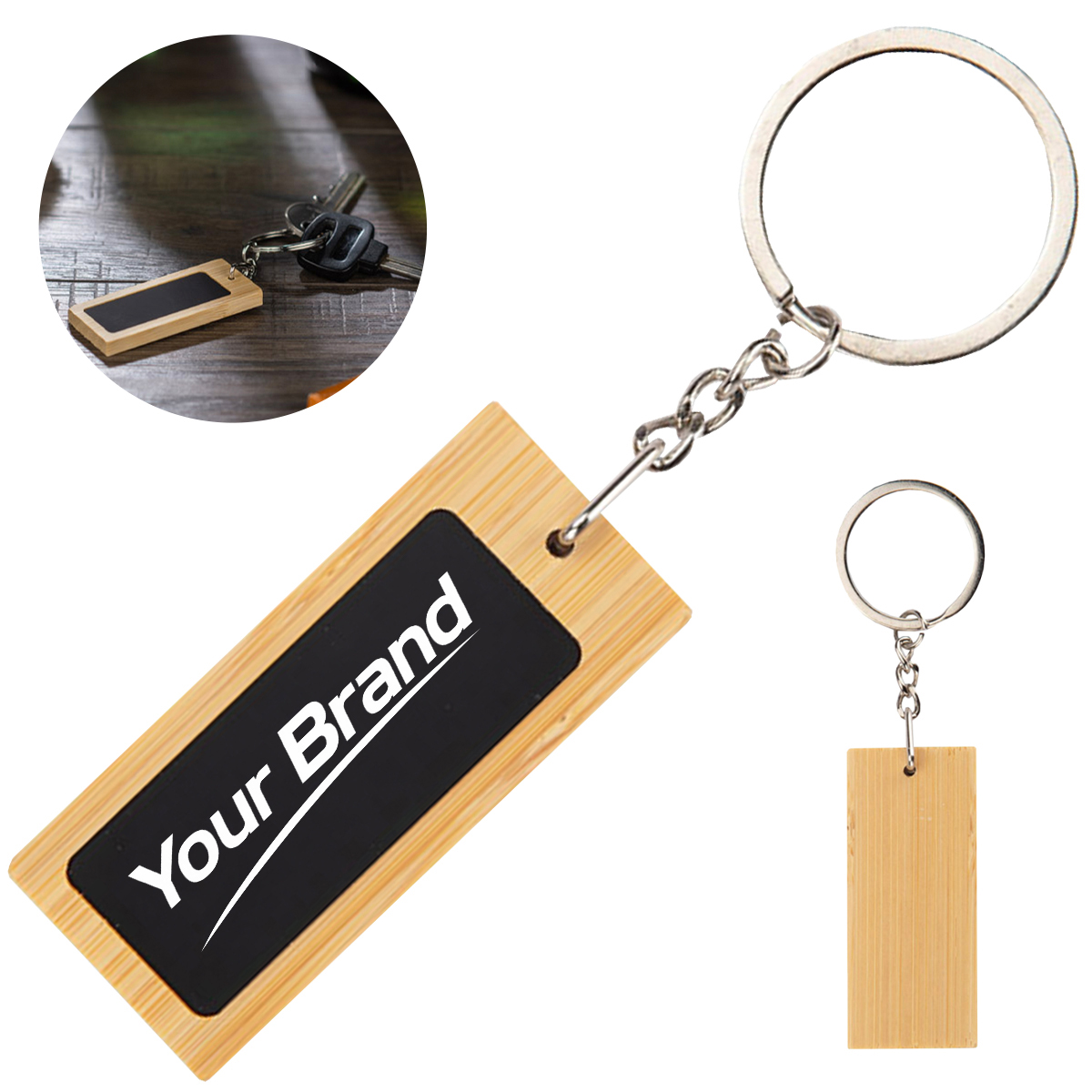 Bamboo Wood PU Inlay Rectangle Keychain