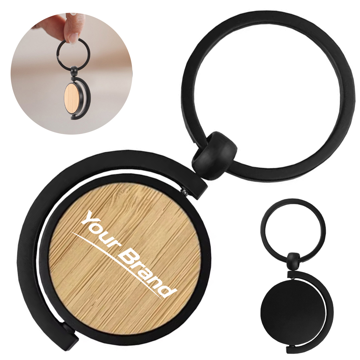Round Bamboo Wood Inlay Metal Keychain