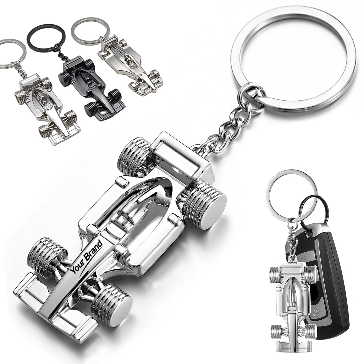 3D Chrome F1 Race Car Metal Keychain