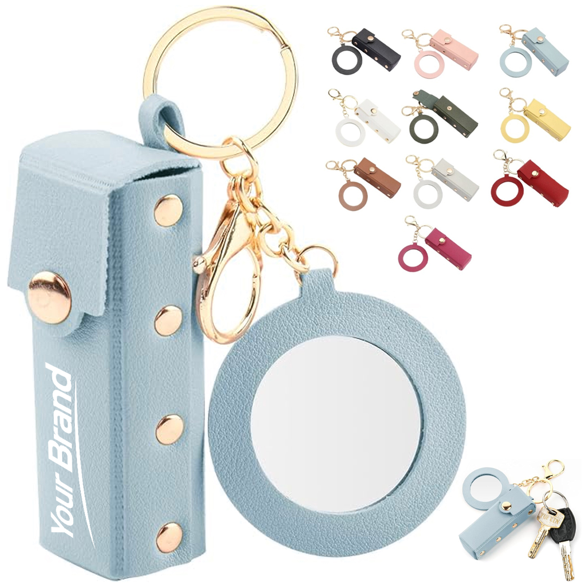 Leather Lipstick Case Keychain with Mirror