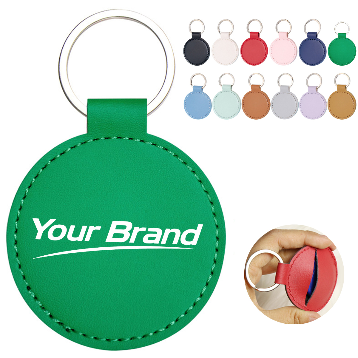 Round Leather Keychain with Pouch