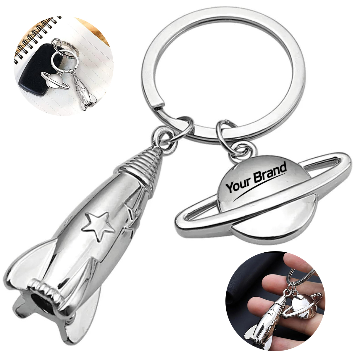 Rocket and Saturn Space Explorer Metal Keychain
