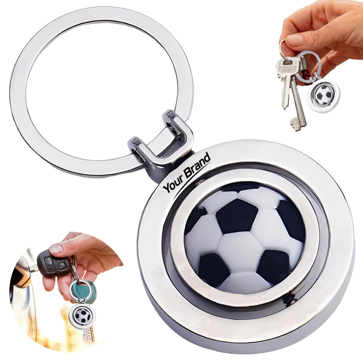 Rotating Soccer Ball Metallic Keychain With Split Ring